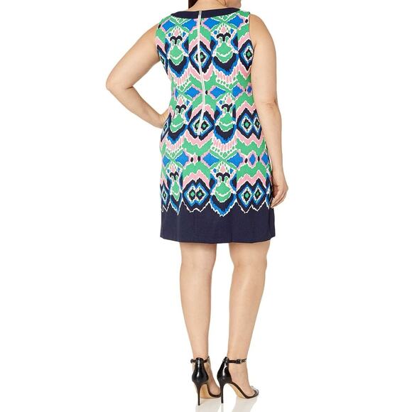 Gabby Skye Dress Womens 14 Pink Green Blue Ikat Print Shift Sleeveless - Picture 3 of 11